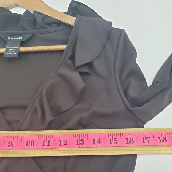 Express Womens Long Bell Sleeve Surplice Ruffle Dress Sz 5/6 Brown Midi V-Neck - Picture 11 of 14